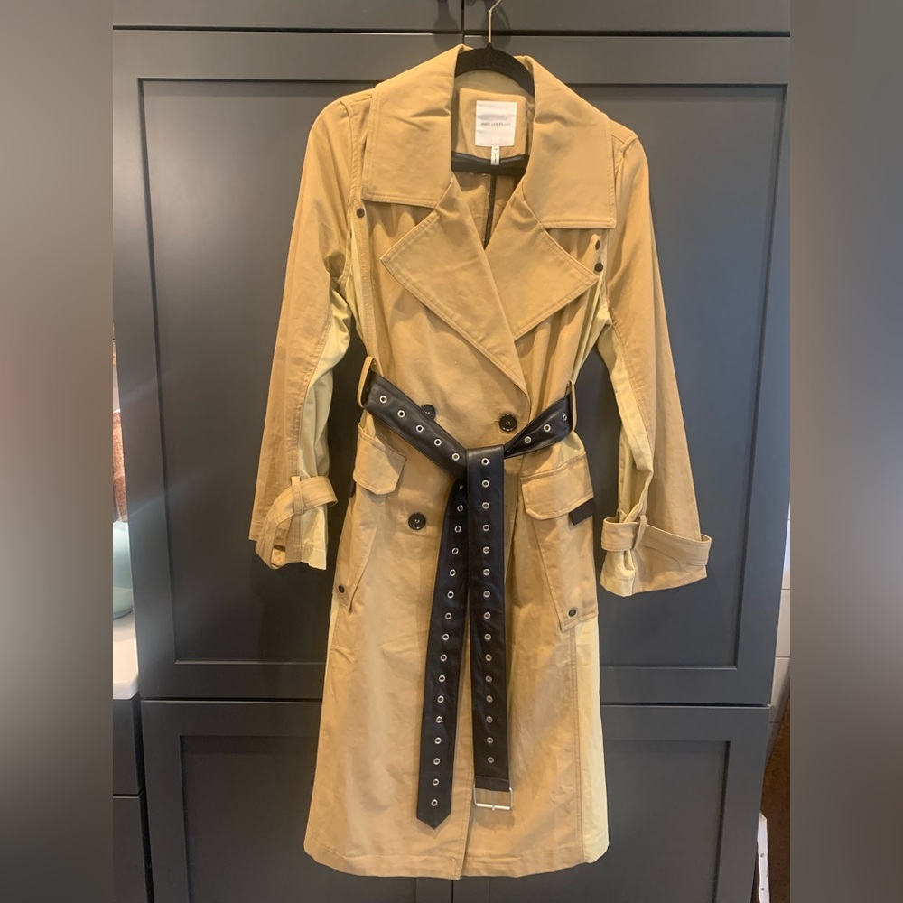 Avec Les Filles two toned Tan Trench Coat with Black belt.